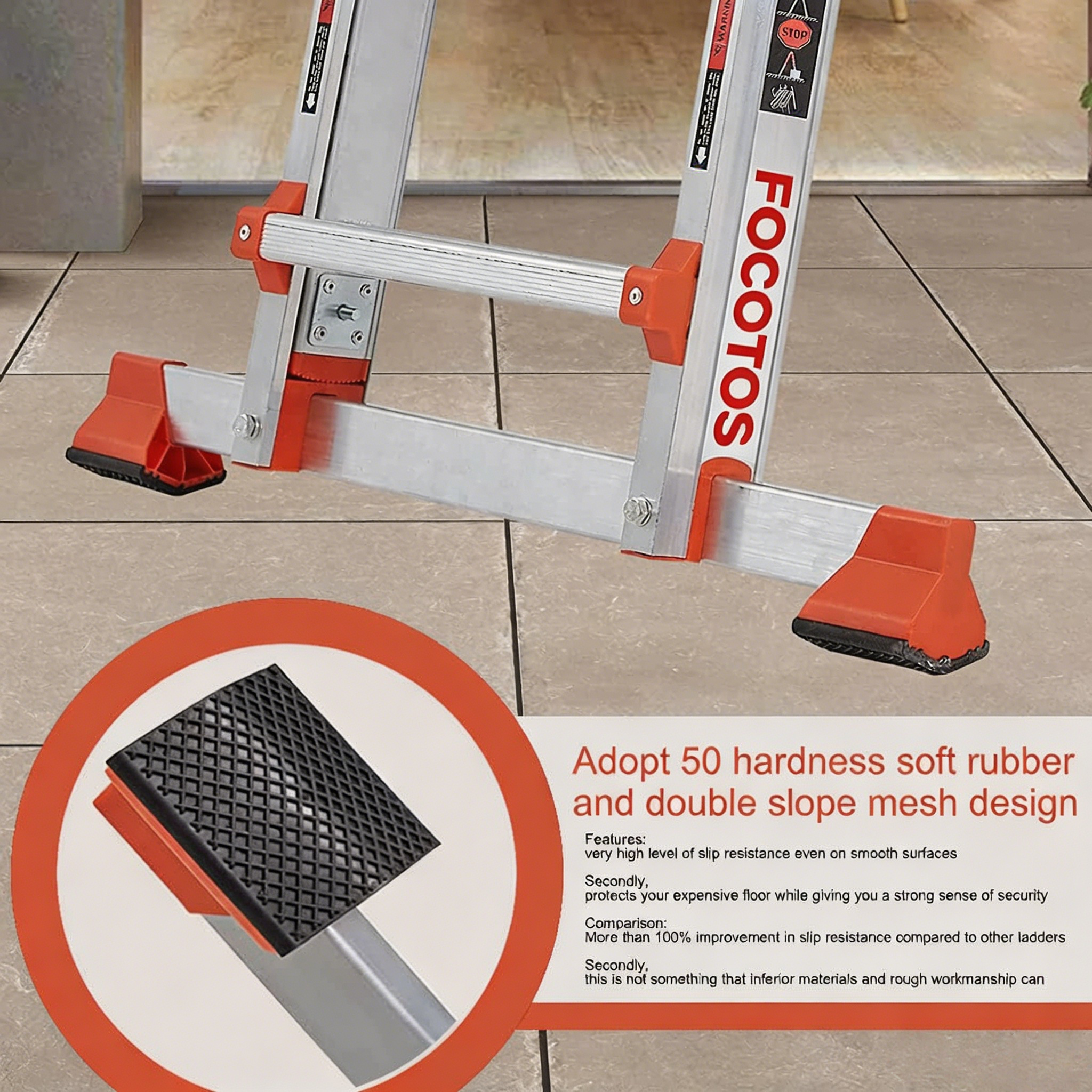 FOCOTOS A Frame 4 Step Ladder Extension, 14 FT Anti-Slip Multi Position & Storage Folding Ladder, 330 lbs Security Load Telescoping Aluminum Ladders for Stairs Home Indoor Outdoor Roof