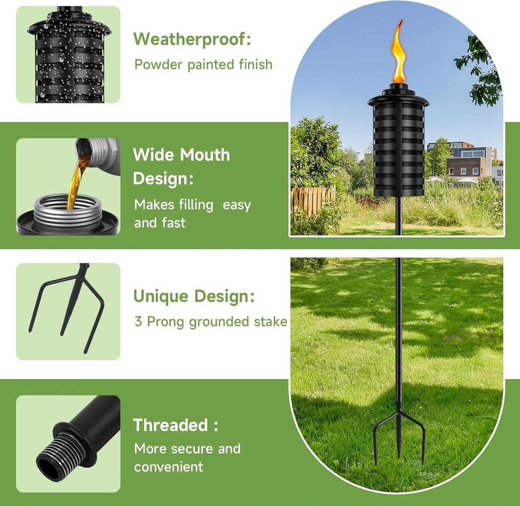 FOCOTOS 6 Pcs Metal Torch for Outside, 16 oz Outdoor Metal Torch Garden Décor,59-Inch Upgraded Citronella Torches with 3-Prong Grounded Stake, Table Top Torches for Party Patio Pathway