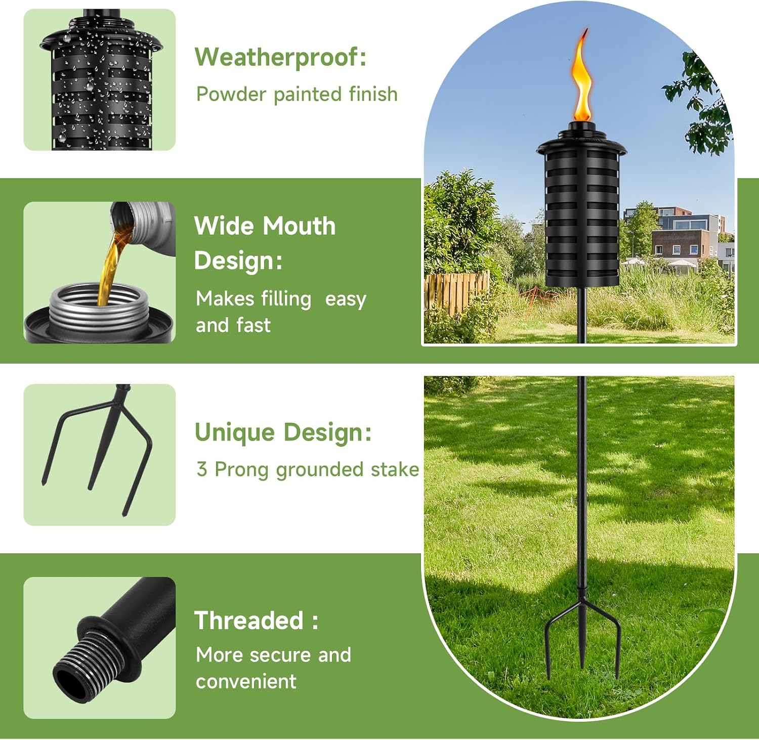 FOCOTOS 6 Pcs Metal Torch for Outside, 16 oz Outdoor Metal Torch Garden Décor,59-Inch Upgraded Citronella Torches with 3-Prong Grounded Stake, Table Top Torches for Party Patio Pathway