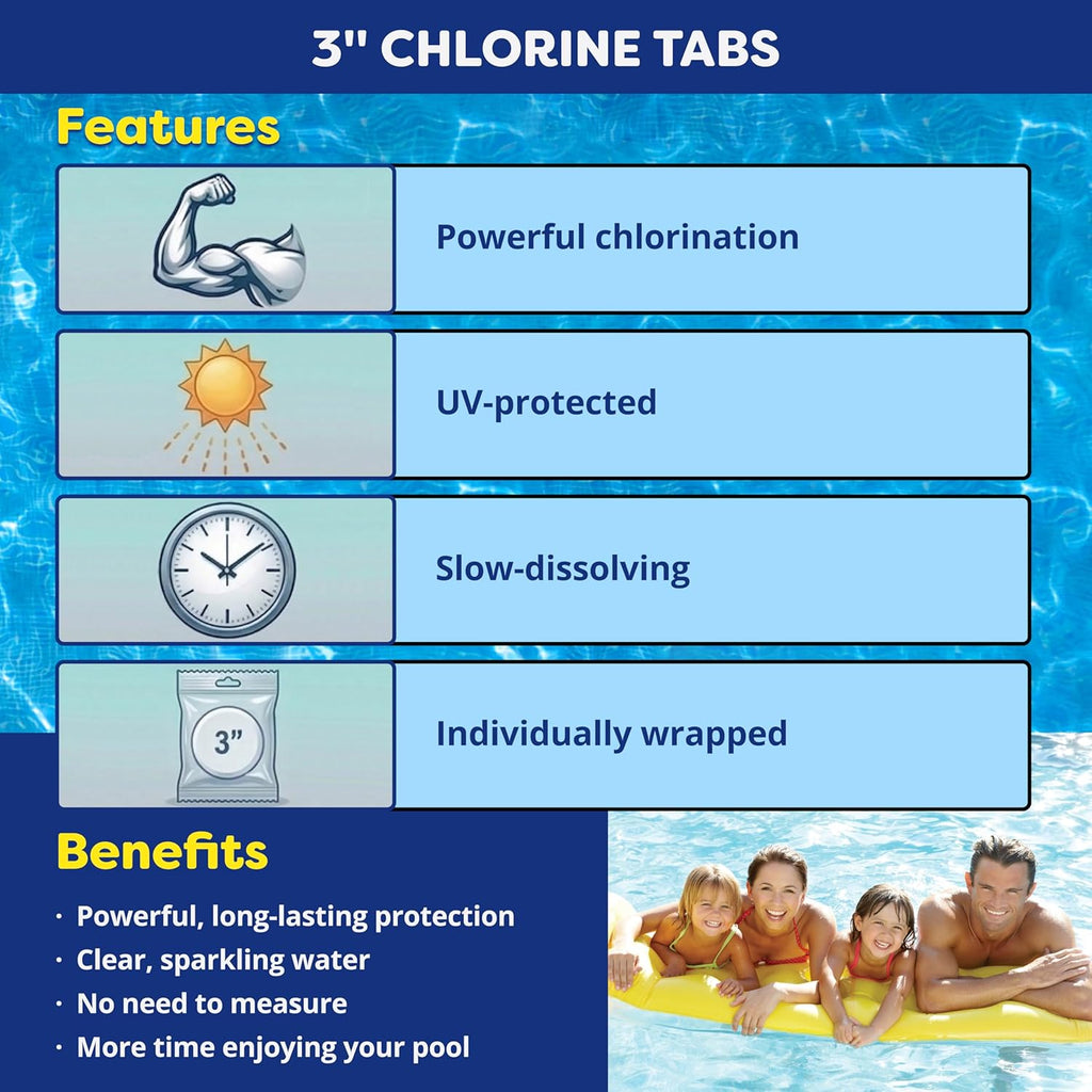 FOCOTOS 3 Inch Stabilized Chlorine Tablets for Sanitizing Swimming Pools - Individually Wrapped, Slow Dissolving - 90% Available Chlorine - Tri-Chlor - 5 Pounds