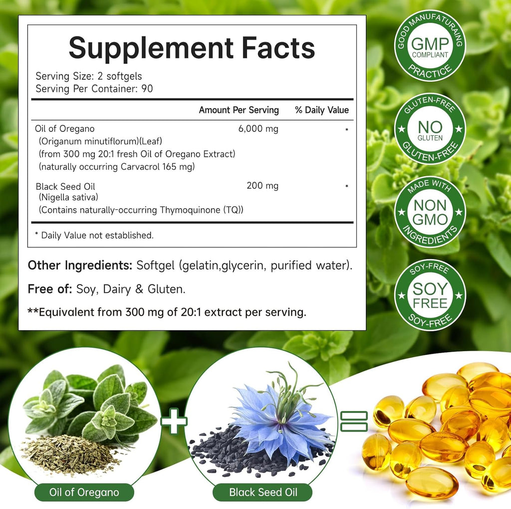 FOCOTOS Oil of Oregano with Black Seed Oil, 180 Count Oregano Oil Capsules with 4X Strength of Carvacrol and Thymoquinone, Non-GMO, Natural Herbal Health Supplement