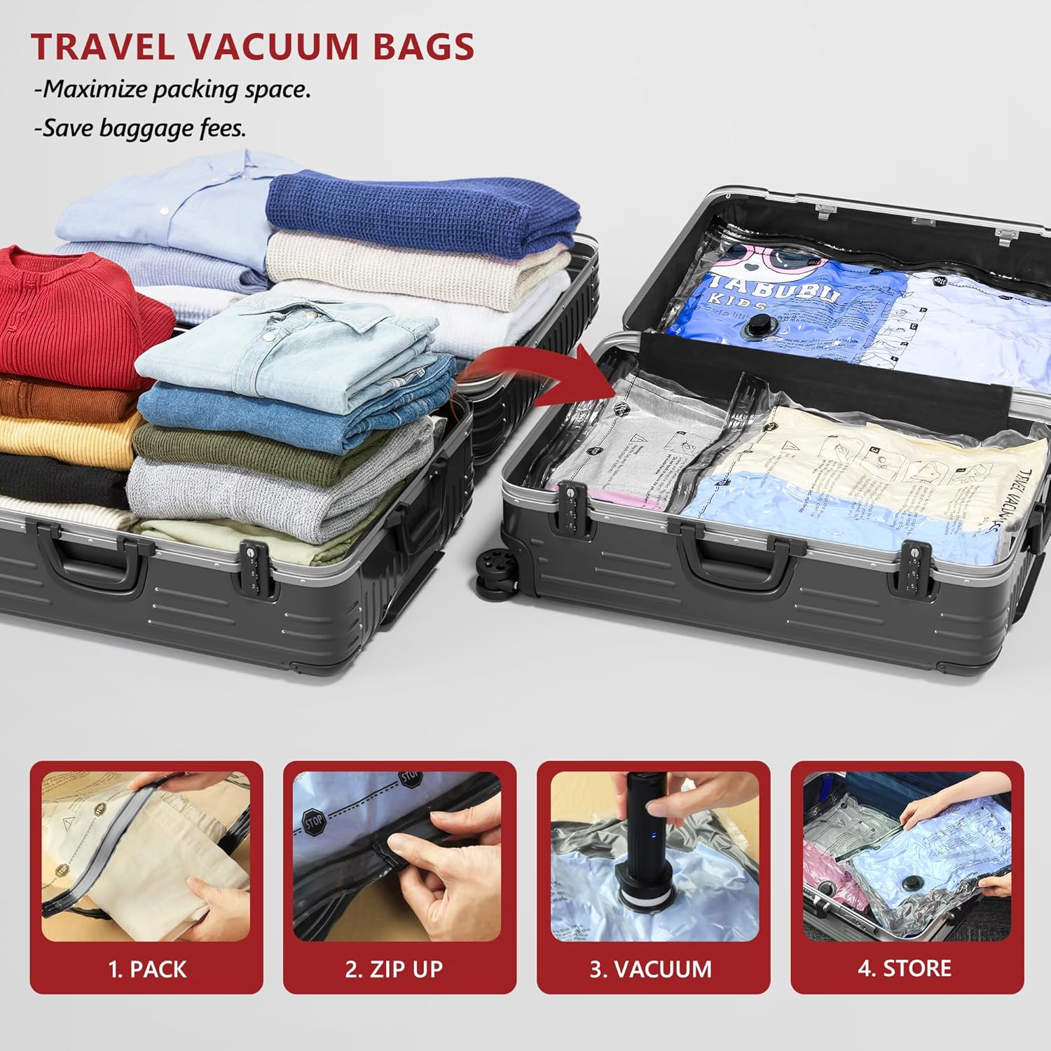 FOCOTOS Travel Vacuum Bags for Clothing with Rechargeable Electric Pump, Compression Packing Cubes Organizer Storage for Luggage Suitcase, Space Saver Seal Bags for Vacation Cruise, 9 Combo