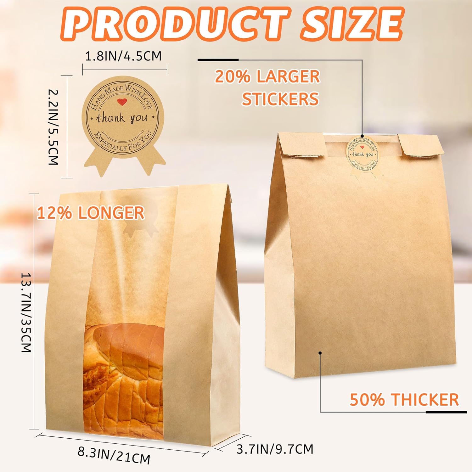 FOCOTOS 50 Pcs Bread Bags for Homemade Bread, Sourdough Paper With Window, 50% Thicker 13.7x8.2x3.7in A Large Bakery Bags Used for Storage Cookies & Snacks, 60 Cute Sealing Stickers With Ties