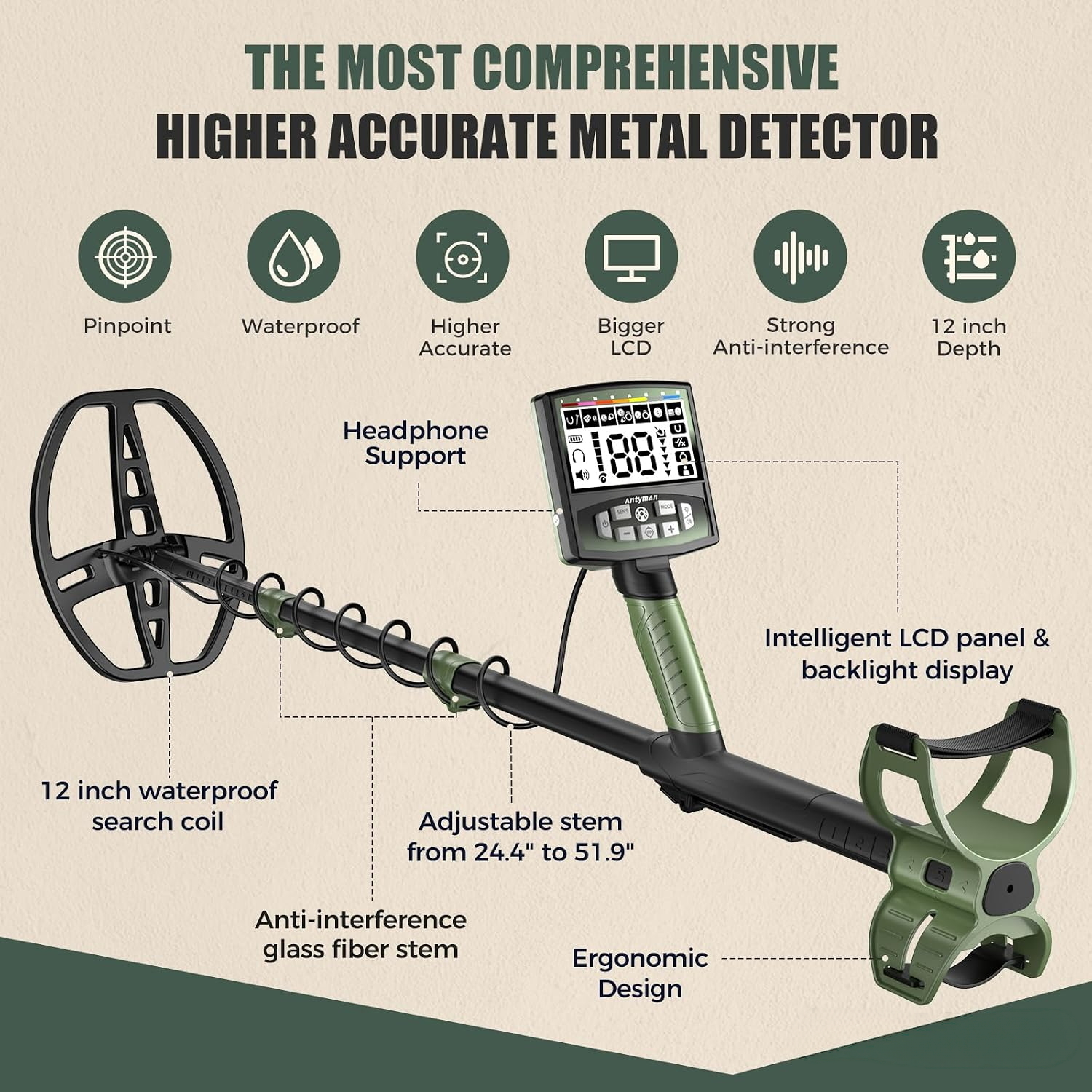 Antyman Professional Metal Detector for Adults,12" IP68 Waterproof Search Coil with LCD Backlight,5 Modes Gold Detector,Advanced DSP Chip&High Accuracy System for Beach/Gold Hunting