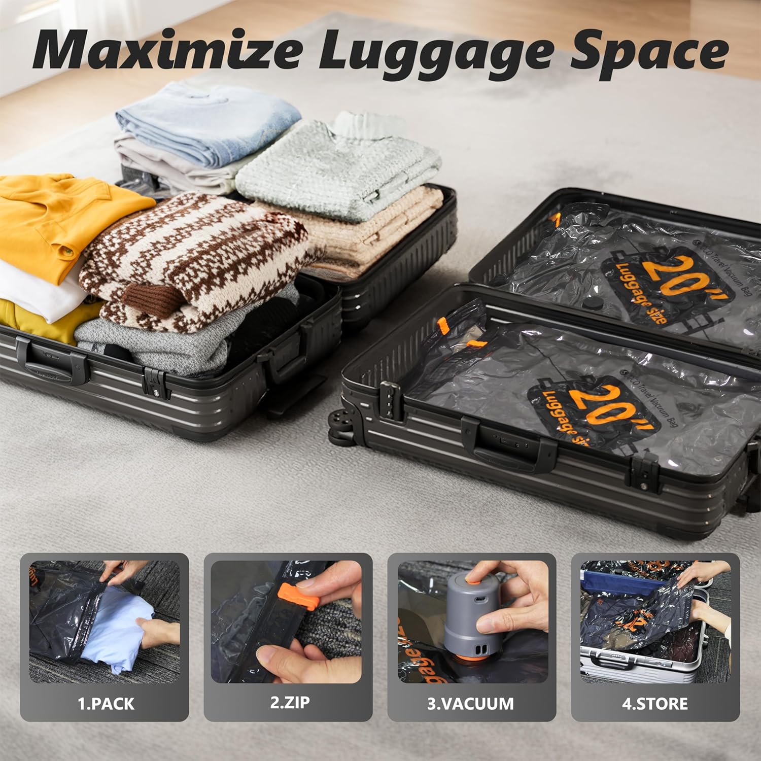 FOCOTOS Travel Vacuum Bags with Cordless Electric Pump, 12 Combo Compression Packing Cubes for Clothing Clothes, Luggage Suitcase Organizer, Space Saver Vacation Cruise Travel Essentials
