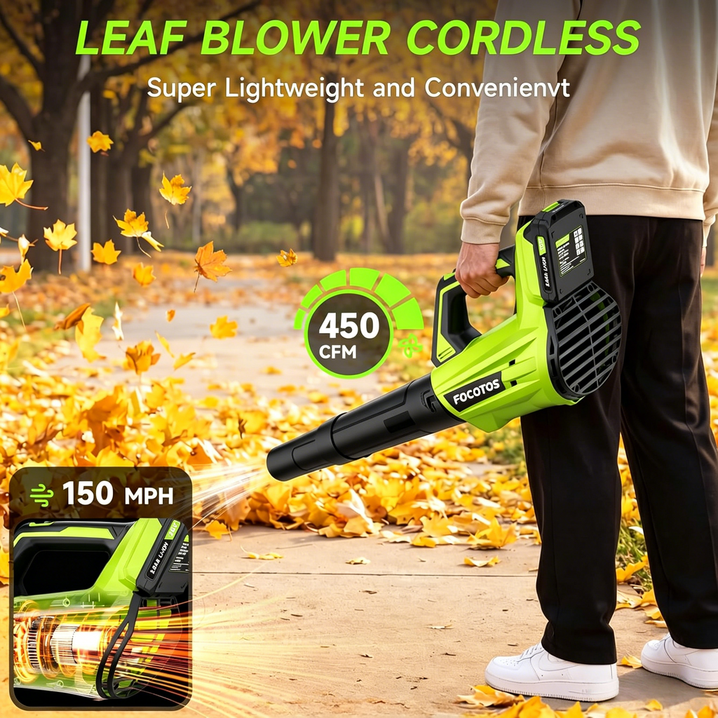 FOCOTOS Leaf Blower Cordless, Leaf Blower with Battery and Charger - 2 Speed Modes, 2 Batteries, 20V Powerful Lightweight Electric Blowers for Blowing Leaves, Lawn Care, Patio, Green
