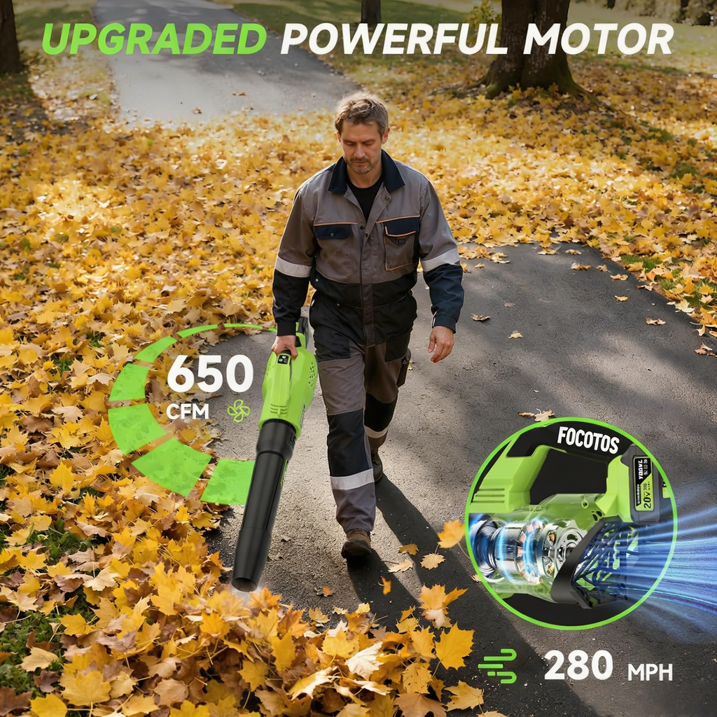 FOCOTOS Leaf Blower Cordless, 650CFM Electric Leaf Blowers with 2 x 5.2Ah Batteries and Charger, 3 Speed Modes, 1 x Adjustable Shoulder Strap, Powerful Blowers for Lawn Care, Patio, Dust, Blowing Leaves