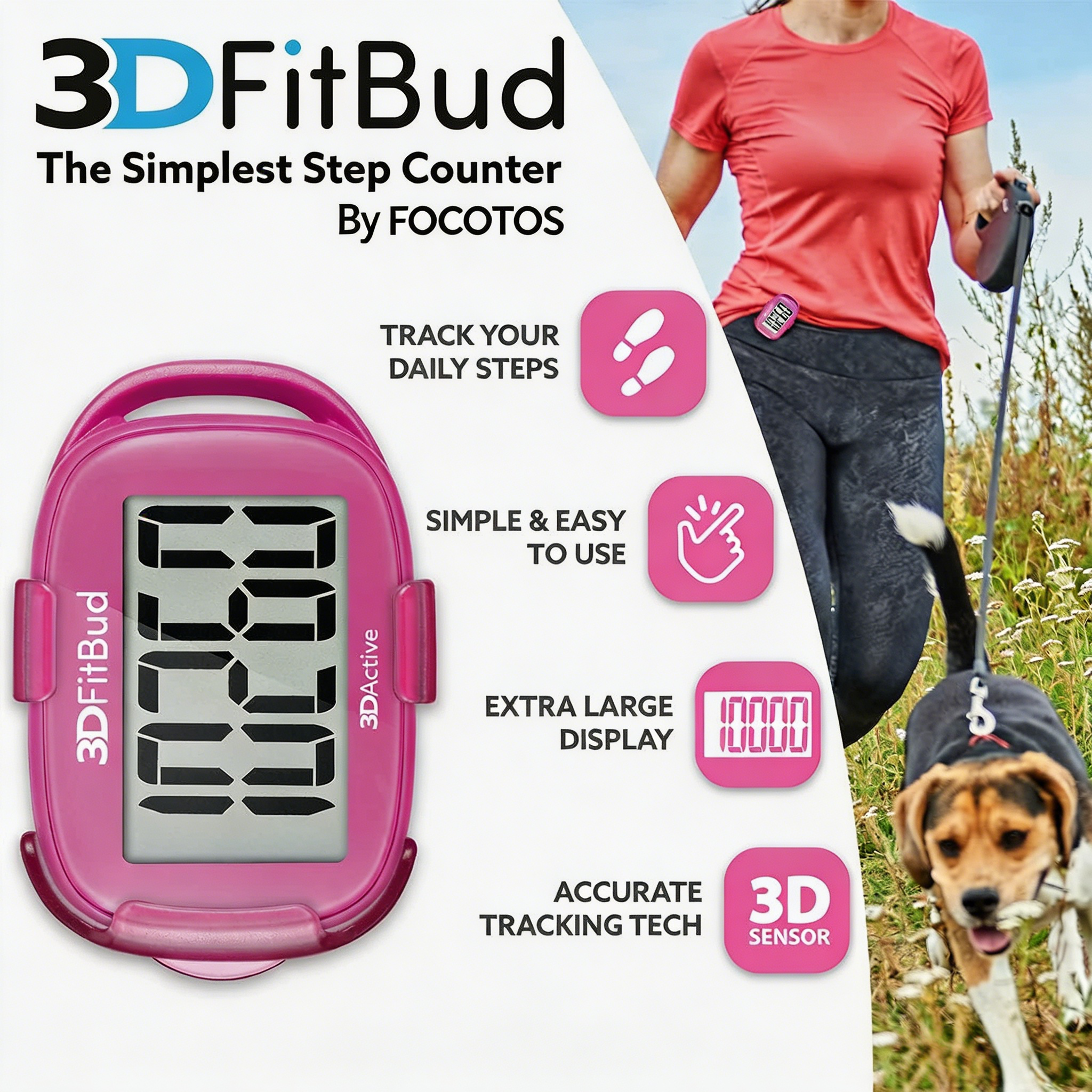 FOCOTOS 3DFitBud Simple Step Counter Walking 3D Pedometer with Clip, Lanyard Accurate Step Tracker Large Display, Easy to Use for Kids Men Women Adult Seniors Daily Step Tracking - A420S