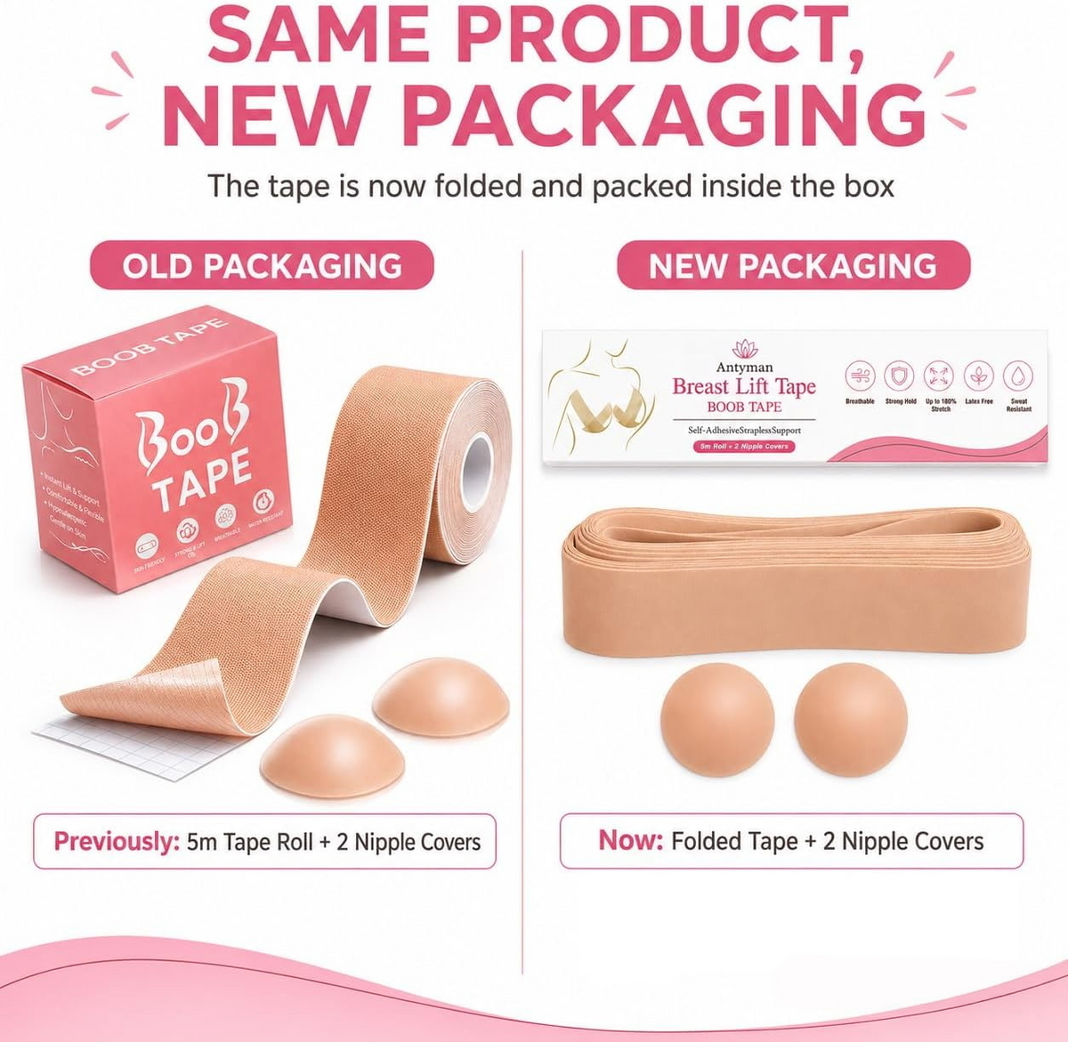 Antyman Boob Tape, Bob Tape for Large Breasts, Self-Adhesive Strapless Boobtapes with 2 Pcs Nipple Covers, 5M Stretchable Longer Roll, Perfect to Stick on Bra, Kinesiology Tape