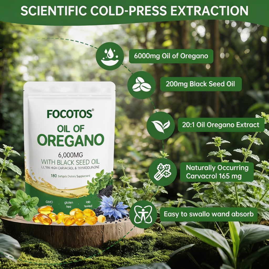 FOCOTOS Oil of Oregano with Black Seed Oil, 180 Count Oregano Oil Capsules with 4X Strength of Carvacrol and Thymoquinone, Non-GMO, Natural Herbal Health Supplement