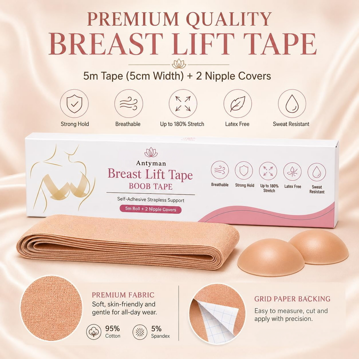 Antyman Boob Tape, Bob Tape for Large Breasts, Self-Adhesive Strapless Boobtapes with 2 Pcs Nipple Covers, 5M Stretchable Longer Roll, Perfect to Stick on Bra, Kinesiology Tape