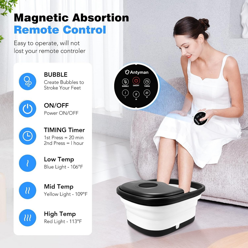 Antyman Collapsible Foot Spa Bath with Heat & Bubble, Foot Soaking Tub with Timer and Red Light., 16 Rollers & Pumice Stone, Enjoy Warm Water Foot Bath, Gift for Wife and Mom, Black