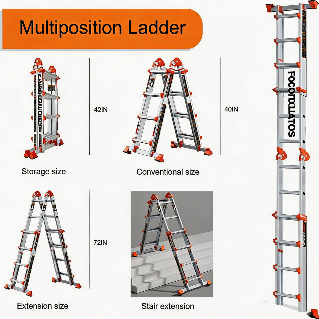 FOCOTOS A Frame 4 Step Ladder Extension, 14 FT Anti-Slip Multi Position & Storage Folding Ladder, 330 lbs Security Load Telescoping Aluminum Ladders for Stairs Home Indoor Outdoor Roof