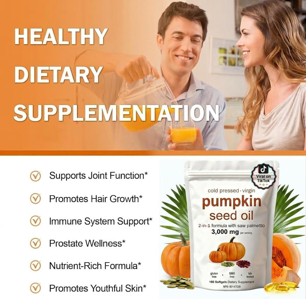 FOCOTOS Pumpkin Seed Oil Capsules, Pumpkin Seed Oil with Saw Palmetto- 3000mg -Cold Pressed - for Hair Growth- Non-GMO - 180 Softgels