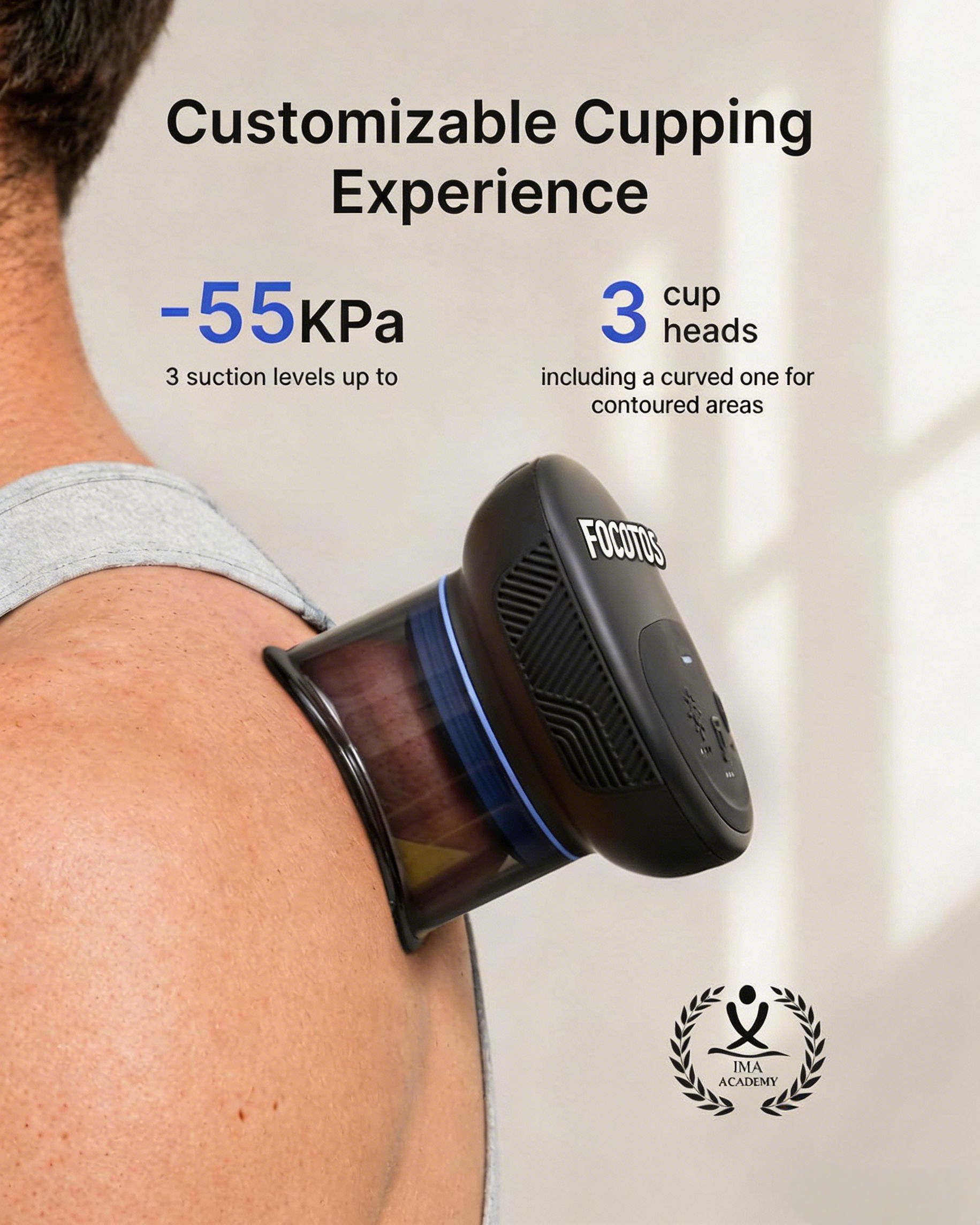 FOCOTOS Emberace Cup Smart Cupping Massager with 850nm Infrared Heating and 3 Suction Levels up to -55KPa, Rechargeable Multi-Device Sync, 70 min Runtime, 3 Heads & Storage Pouch, Gifts for Men Women