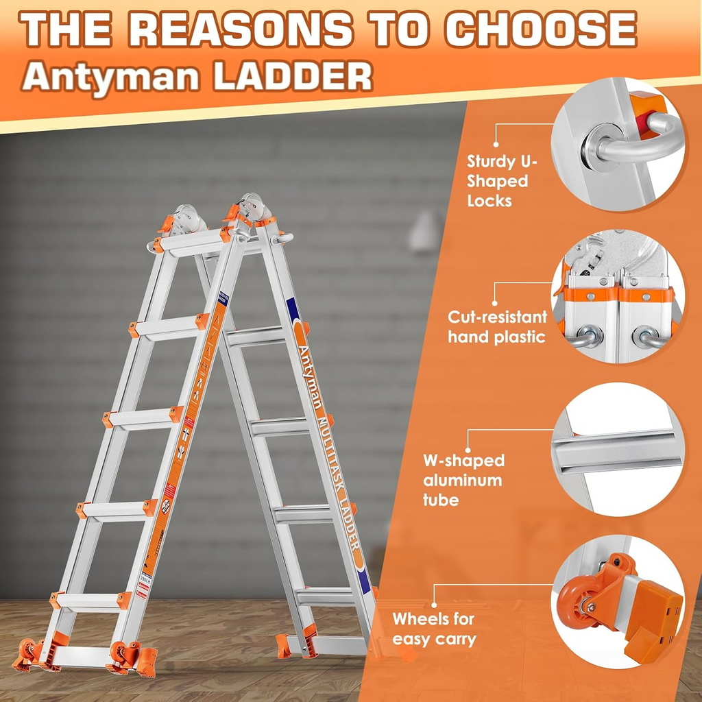 Antyman Telescoping A Frame Ladder, 17FT Multi Position Ladder with Stabilizer Bar & Wheels,330 lbs Security Load for Stairs Home Indoor Outdoor Roof