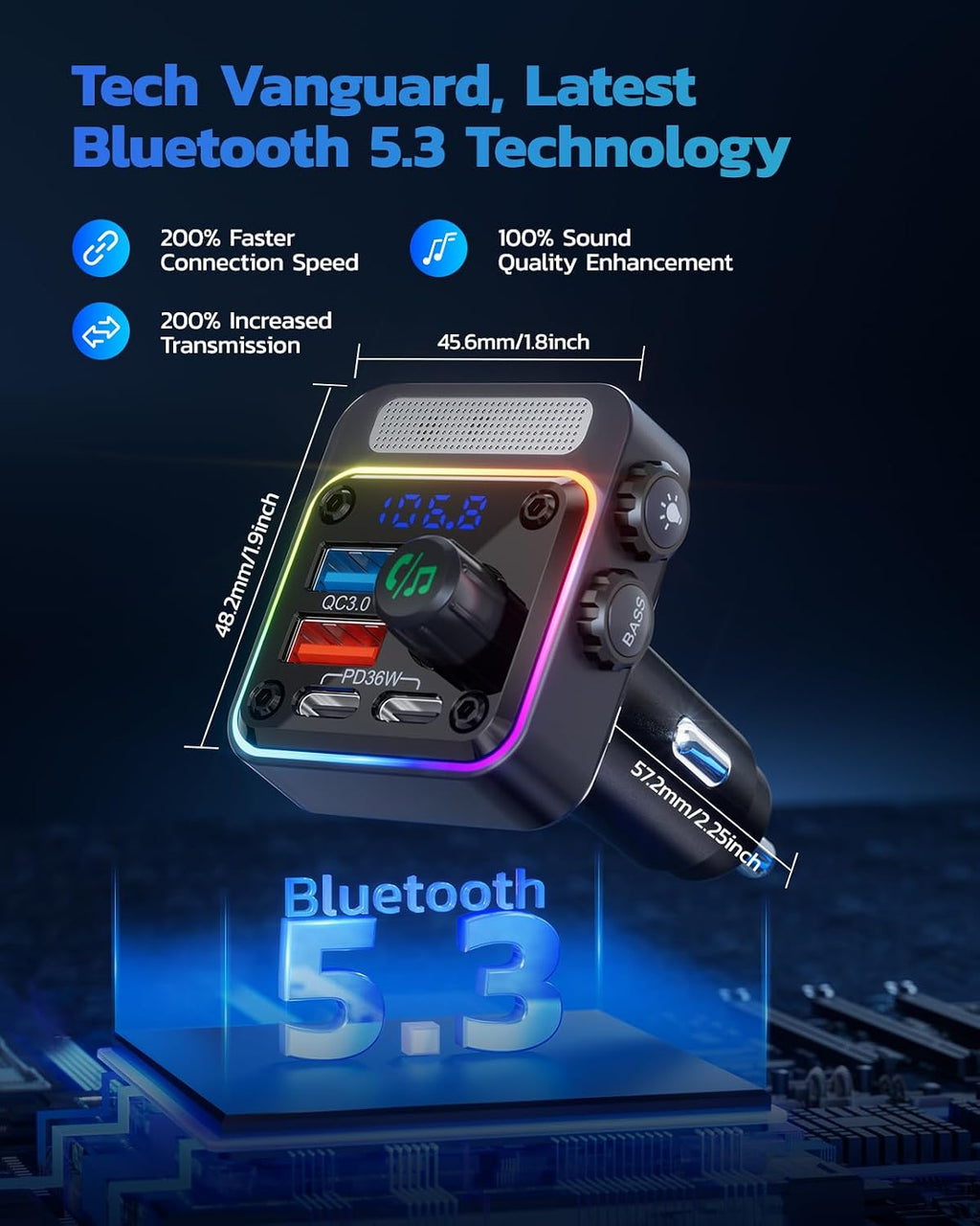 Antyman 54W Bluetooth 5.3 Car Adapter, FM Transmitter 4-Port Fast Charging | Wireless FM Radio Music Player with Deep Bass, 5 Colors LED Backlit, Hands-Free Calling, PD&QC Car Charger Support USB Drive