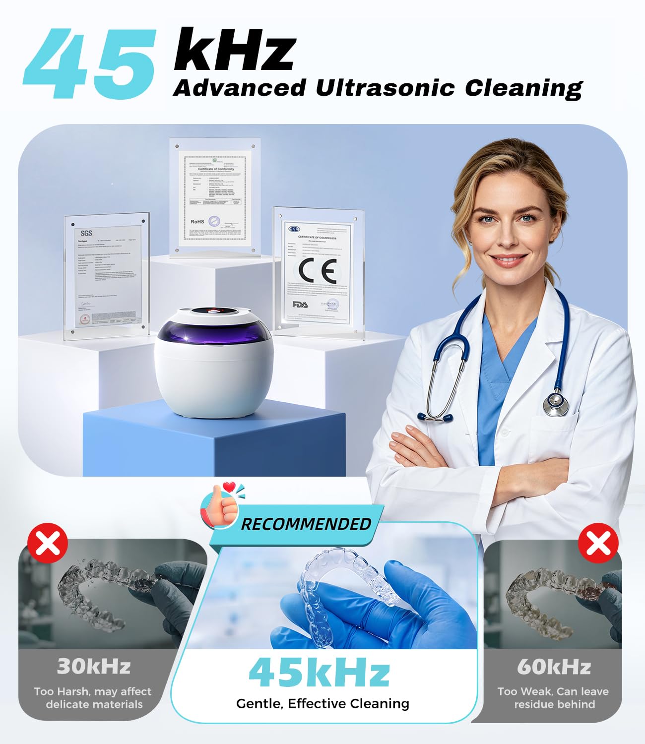 FOCOTOS Ultrasonic Retainer Cleaner Machine, 45kHz Deep Gentle Dental Cleaning Pod with 304 Stainless Steel Tank, 4 Cleaning Modes for Aligners, Dentures, Mouth Guards, Night Guards, Toothbrush Heads