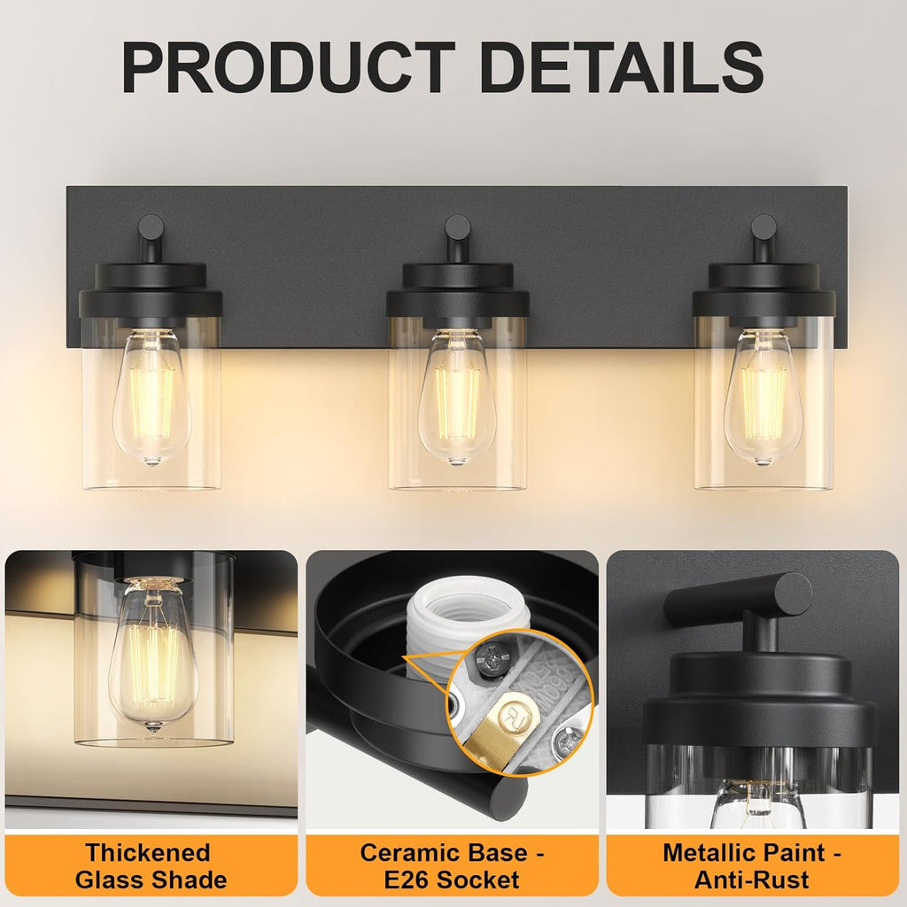 FOCOTOS Bathroom Vanity Light Fixture, 3-Light 22 Inch Matte Black Bathroom Light Fixtures Over Mirror, with Clear Glass Shade, Modern Farmhouse Vanity Lights, Rustic Restroom Lighting Fixtures