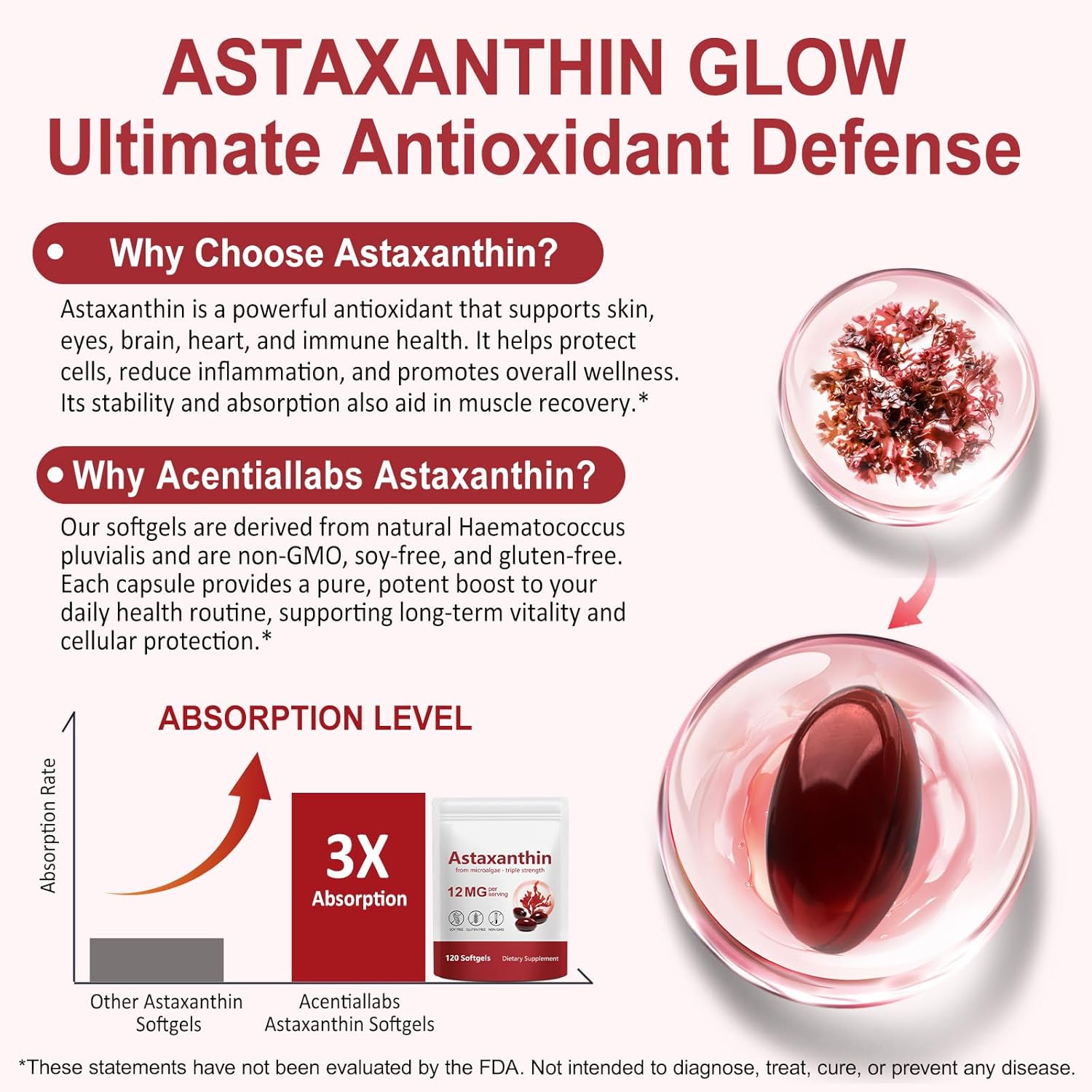 FOCOTOS Premium Astaxanthin 12mg, Natural Antioxidant Supplement for Eye, Joint, Skin Health,Microalgae Source, 4 Month Supply | Supports Internal Circulation, 120 Softgels