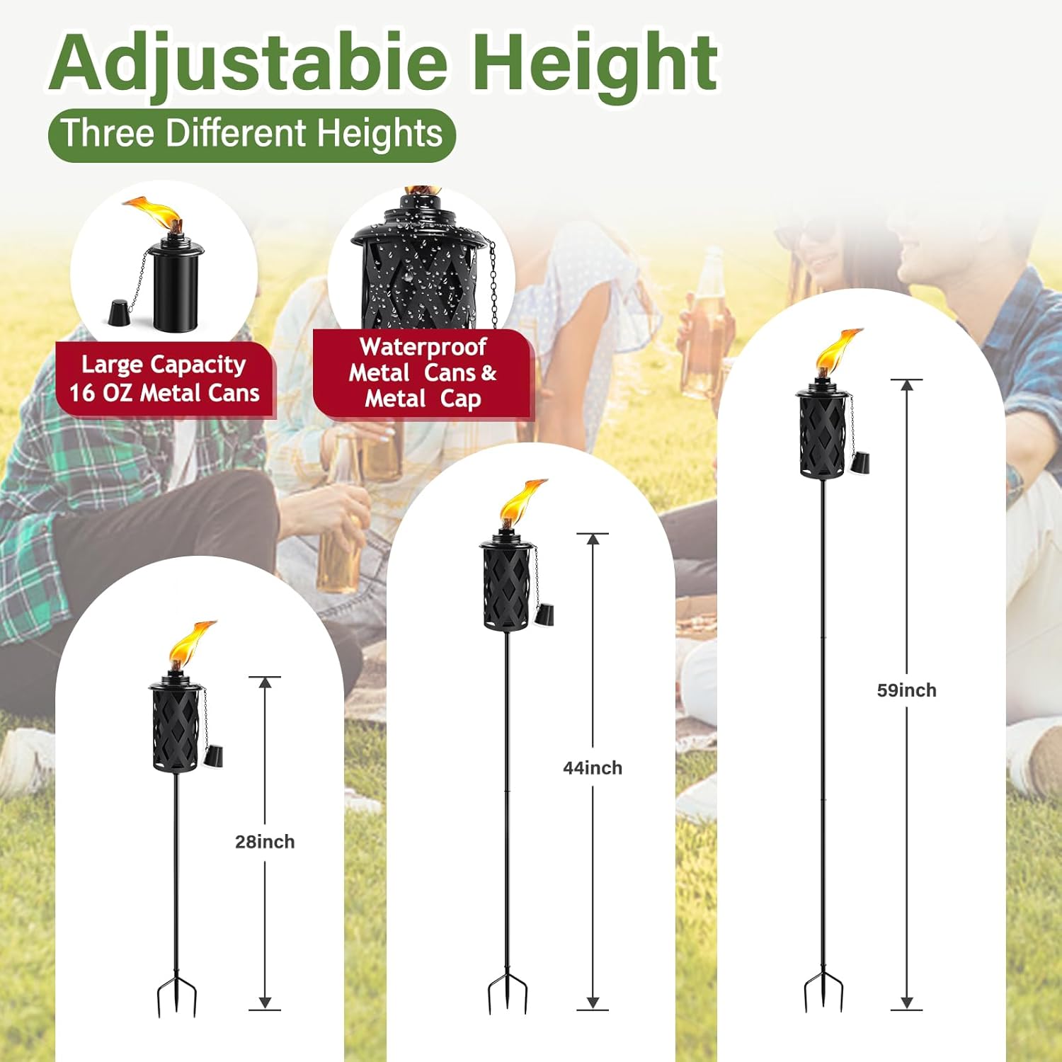 FOCOTOS Citronella Torches for Outside Set of 6, 16 Oz Outdoor Torches with 3-Prong Grounded Stake, 59 Inch Metal Torch for Garden Décor, Outside Torches for Backyard, Garden, Patio (Black