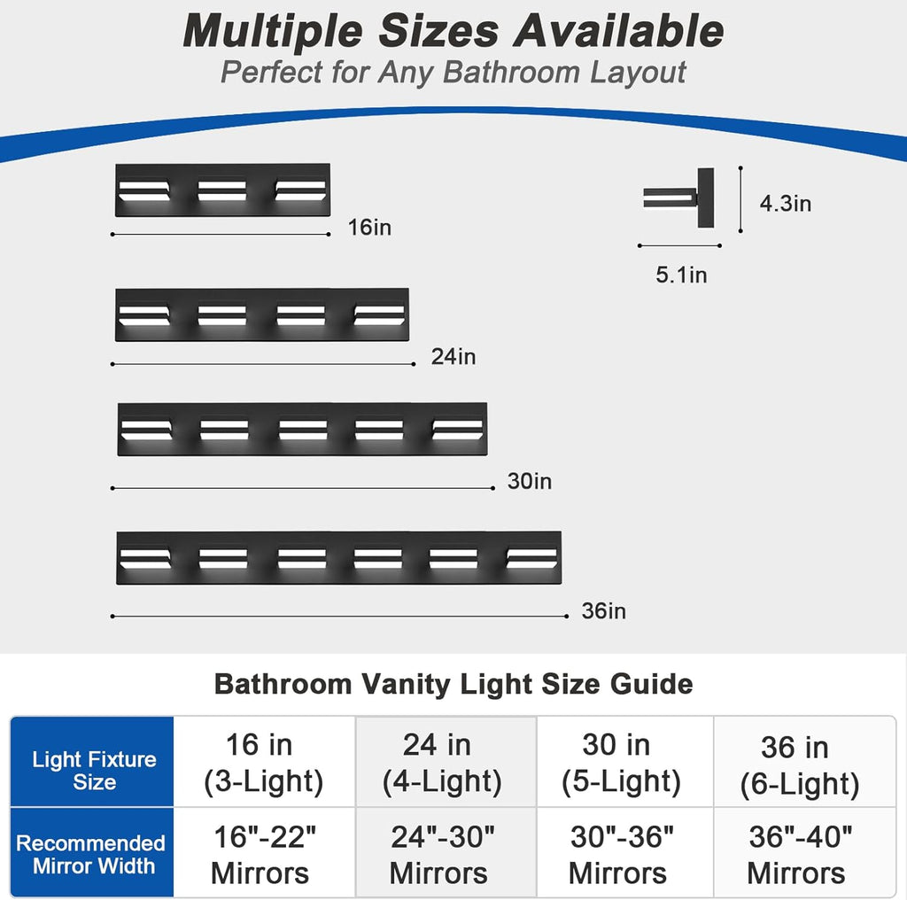 FOCOTOS LED Modern Bathroom Lights Fixtures(4-Light,Dimmable,360°Rotate),Matte Black Acrylic Wall Lighting,Vanity Lights for Bathroom Over Mirror - 6000k 24In （No Assembly Required）
