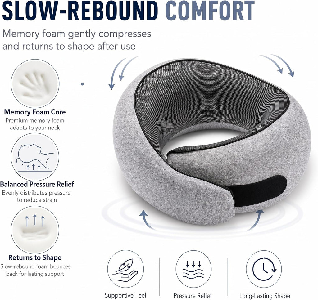 FOCOTOS Travel Pillow, Memory Foam Neck Pillow with Ergonomic 360° Support, Travel Neck Pillow for Airplanes, Compact Design for Plane, Car & Office Travel Essentials, Gray