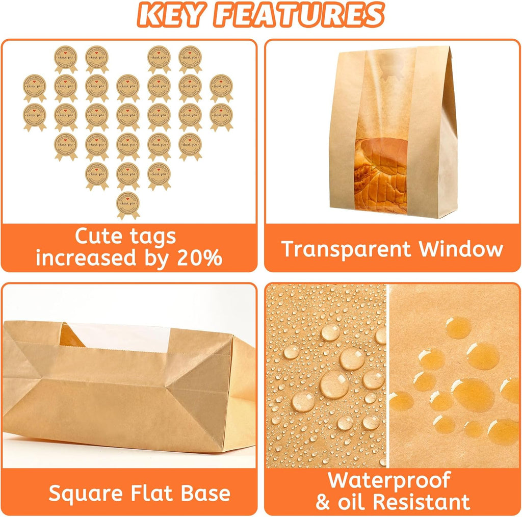FOCOTOS 50 Pcs Bread Bags for Homemade Bread, Sourdough Paper With Window, 50% Thicker 13.7x8.2x3.7in A Large Bakery Bags Used for Storage Cookies & Snacks, 60 Cute Sealing Stickers With Ties