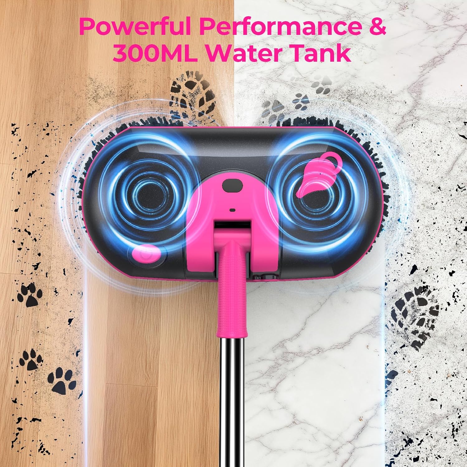 FOCOTOS Cordless Electric Mop, Electric Spin Mop with Water Sprayer, Powerful Floor Cleaner, 300ml Tank Self-Propelled for Hardwood & Tile, Adjustable Handle, 2500mAh Long-Lasting Battery, Pink