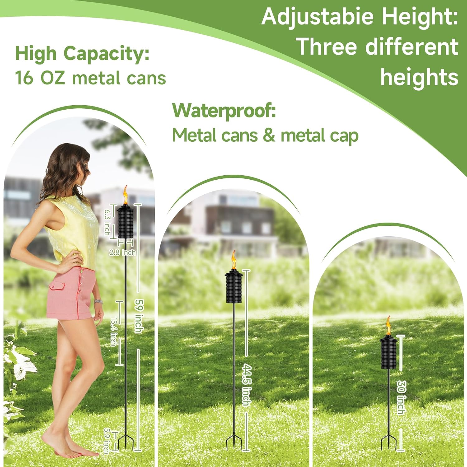 FOCOTOS 6 Pcs Metal Torch for Outside, 16 oz Outdoor Metal Torch Garden Décor,59-Inch Upgraded Citronella Torches with 3-Prong Grounded Stake, Table Top Torches for Party Patio Pathway