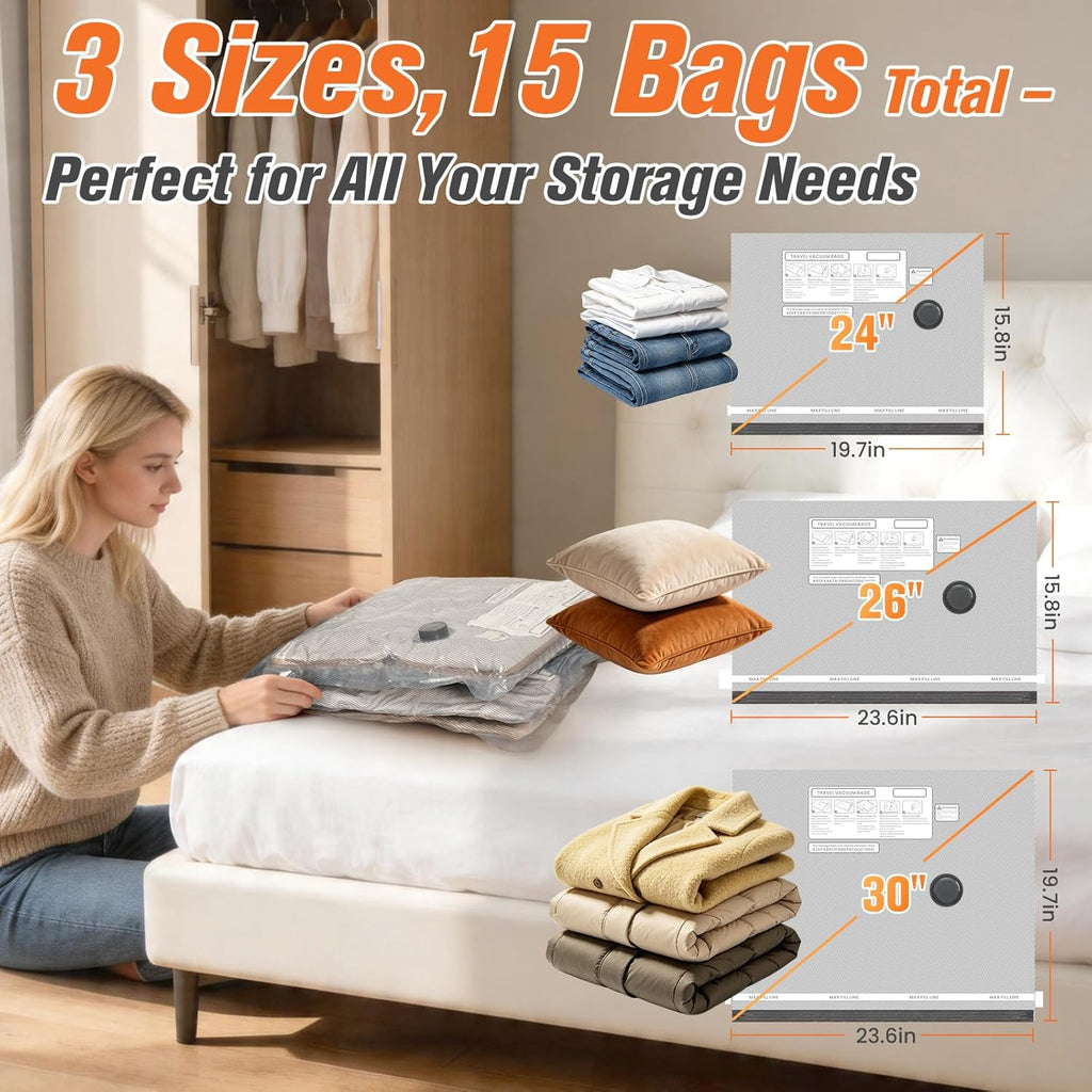 FOCOTOS 15 Pack Vacuum Storage Bags for Travel with Cordless Pump, Space Saver Bags for Clothes, Compression Packing Bags for Luggage, 15 Combo Size
