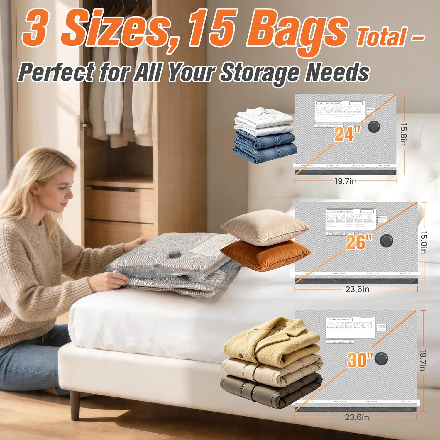 FOCOTOS 15 Pack Vacuum Storage Bags for Travel with Cordless Pump, Space Saver Bags for Clothes, Compression Packing Bags for Luggage, 15 Combo Size