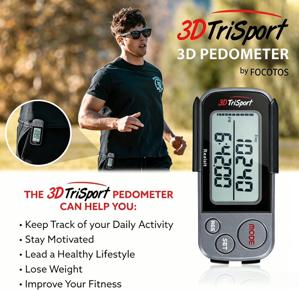FOCOTOS 3DTriSport 3D Walking Pedometer with Clip & Strap, Accurate Step Counter with 30-Day Memory, Distance in Miles/KM with Large Display Perfect for Seniors & Beginners, eBook Included