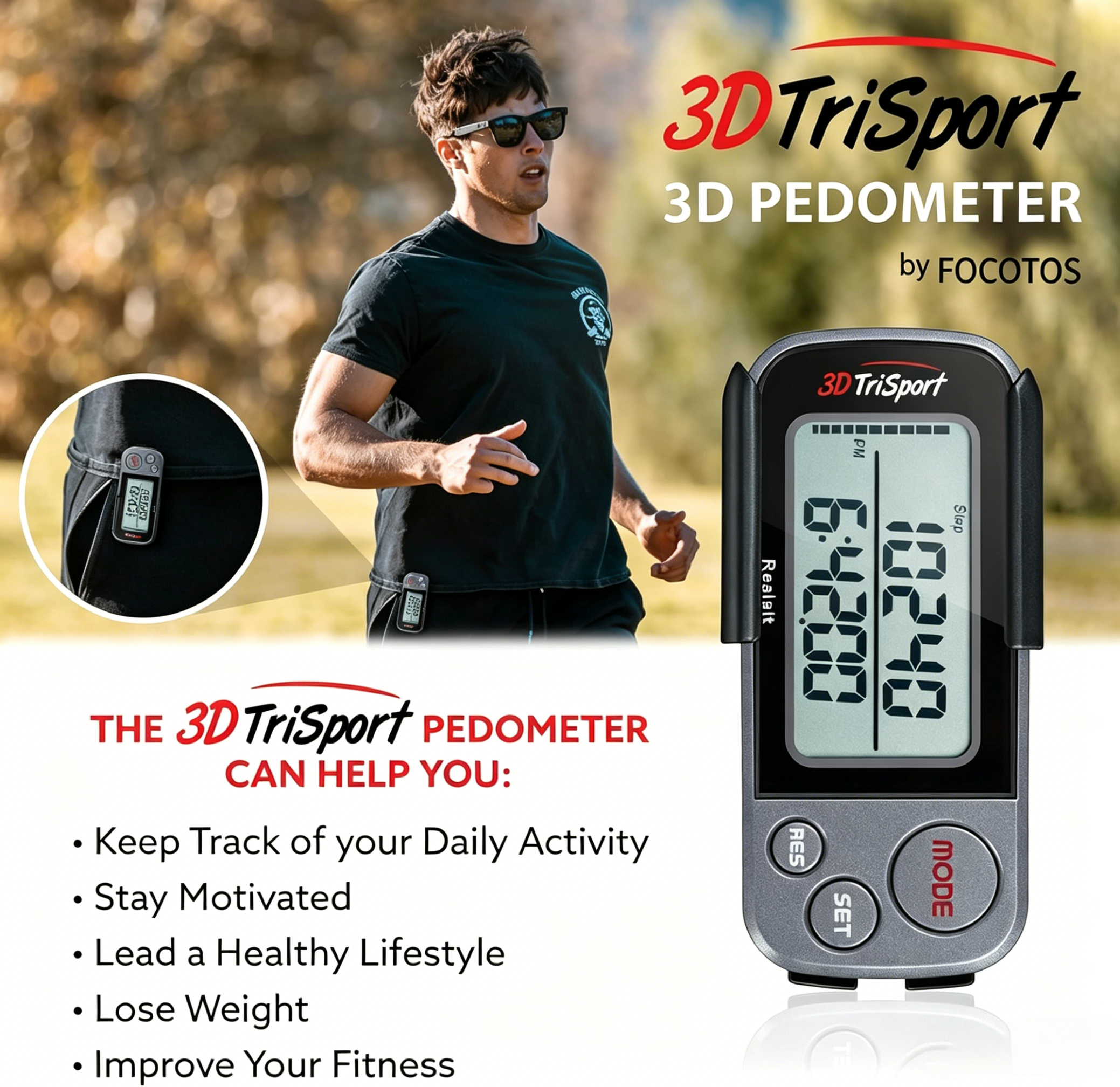 FOCOTOS 3DTriSport 3D Walking Pedometer with Clip & Strap, Accurate Step Counter with 30-Day Memory, Distance in Miles/KM with Large Display Perfect for Seniors & Beginners, eBook Included