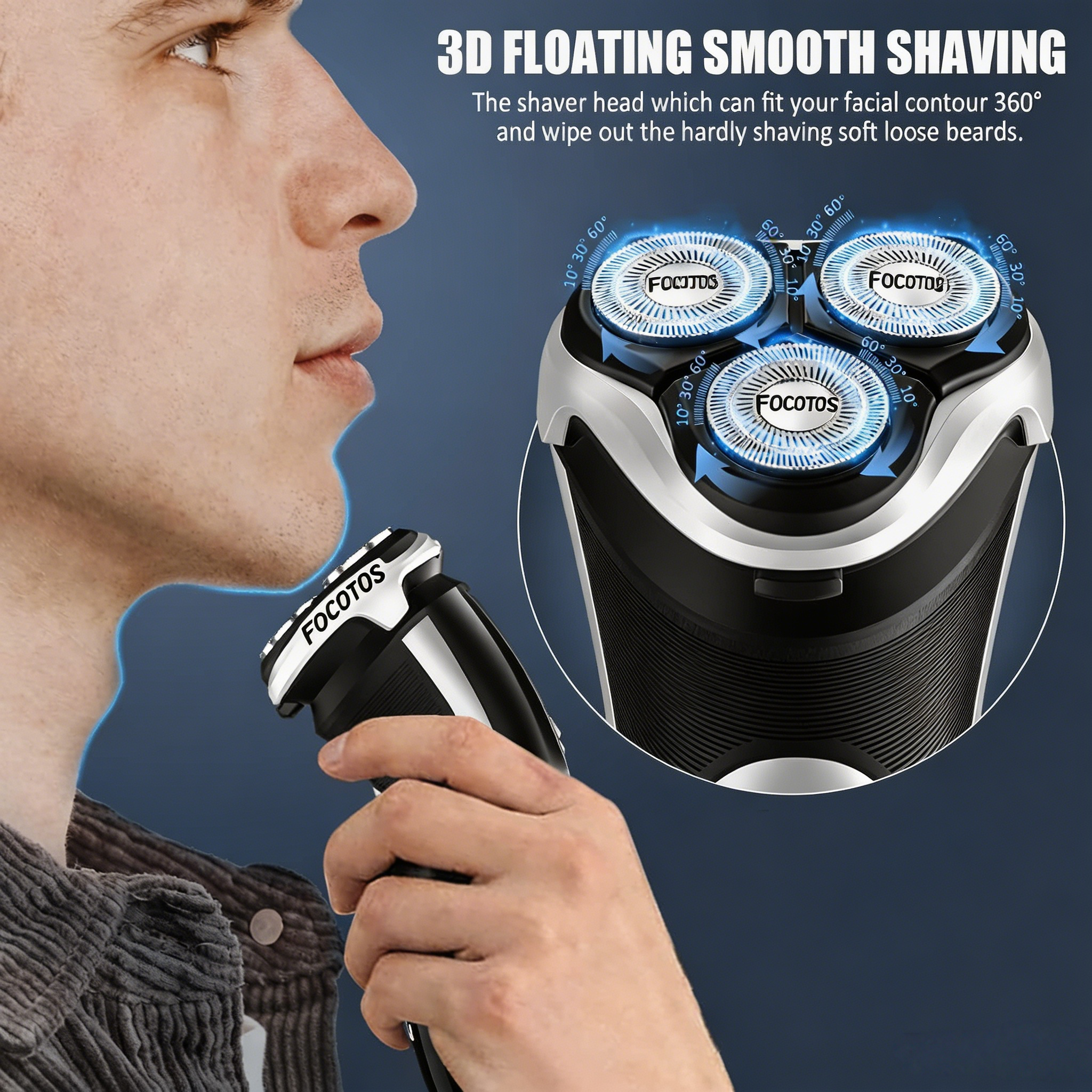 Men's Electric Shaver - FOCOTOS Corded and Cordless Rechargeable 3D Rotary Shaver Razor for Men with Pop-up Sideburn Trimmer Wet and Dry, IPX7 Waterproof, Plug & Play