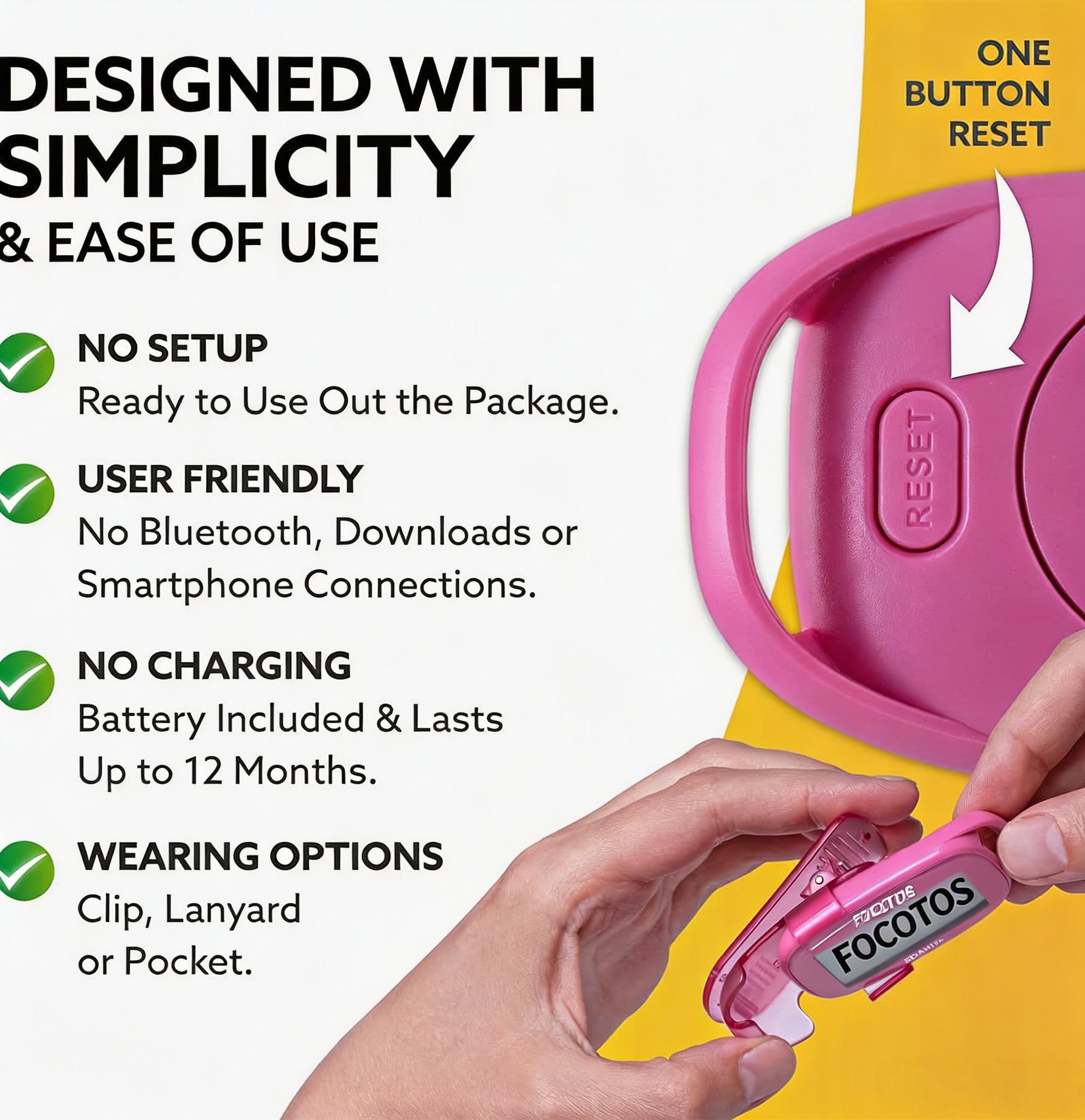 FOCOTOS 3DFitBud Simple Step Counter Walking 3D Pedometer with Clip, Lanyard Accurate Step Tracker Large Display, Easy to Use for Kids Men Women Adult Seniors Daily Step Tracking - A420S