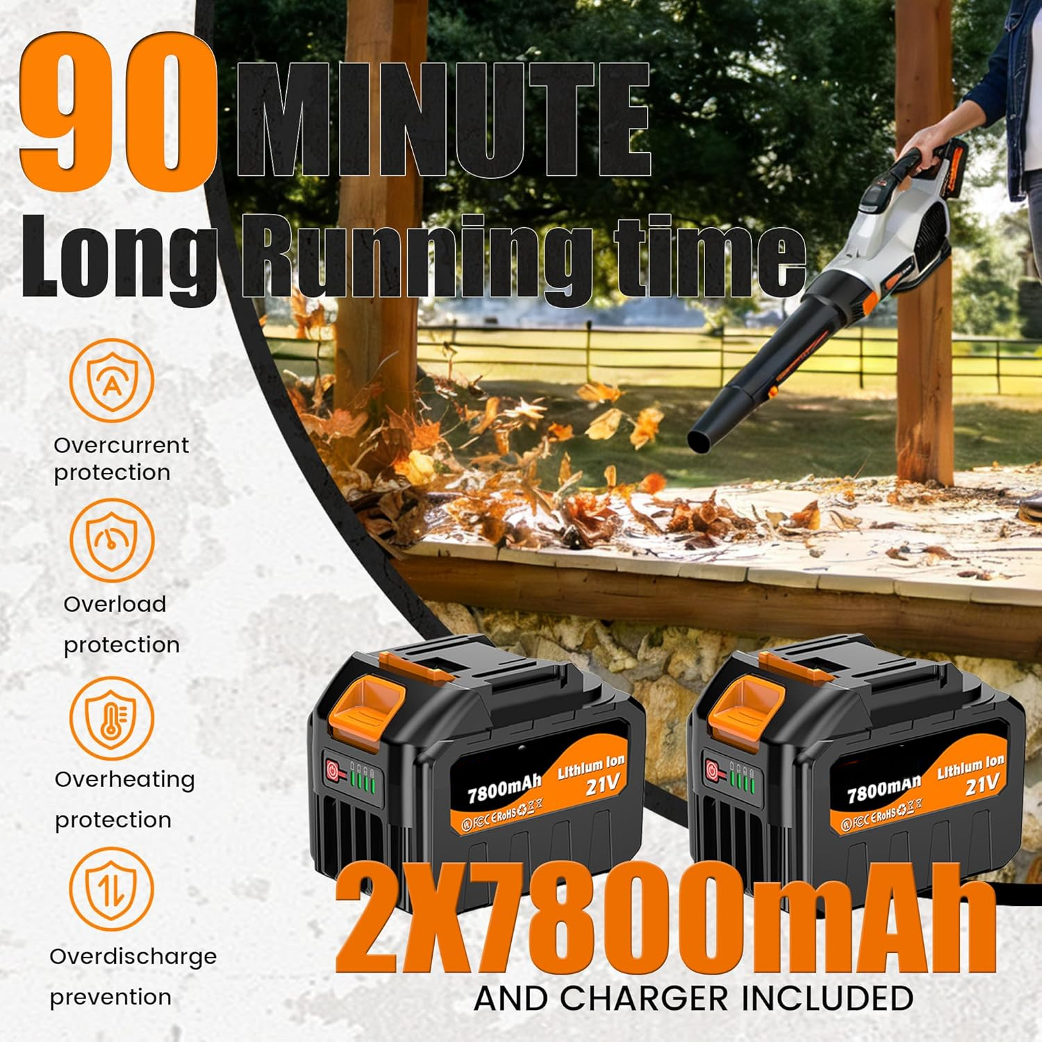 FOCOTOS Leaf Blower Cordless, 765CFM Electric Leaf Blowers with 2 x 7.8Ah Batteries and Dual Rapid Charger, 3- Speed & Turbo Mode, with LED lighting, 1 x Shoulder Strap, Blowers for Lawn Care - SL9501