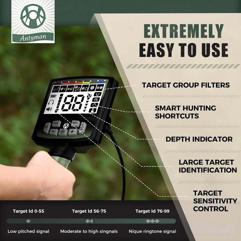 Antyman Professional Metal Detector for Adults,12" IP68 Waterproof Search Coil with LCD Backlight,5 Modes Gold Detector,Advanced DSP Chip&High Accuracy System for Beach/Gold Hunting