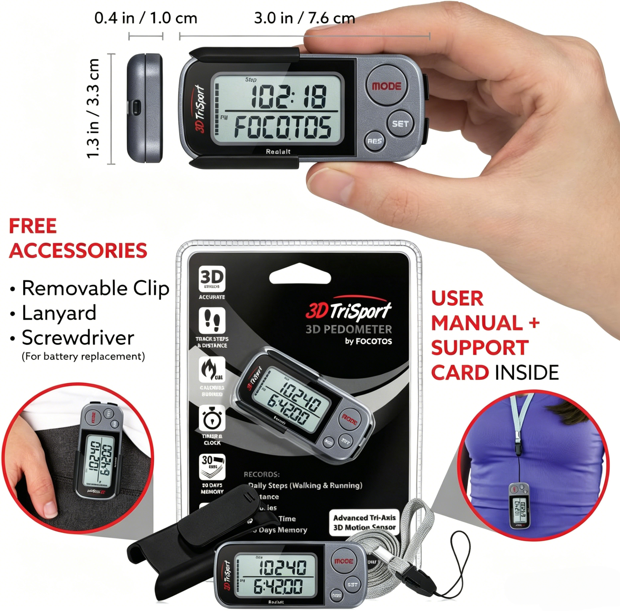 FOCOTOS 3DTriSport 3D Walking Pedometer with Clip & Strap, Accurate Step Counter with 30-Day Memory, Distance in Miles/KM with Large Display Perfect for Seniors & Beginners, eBook Included