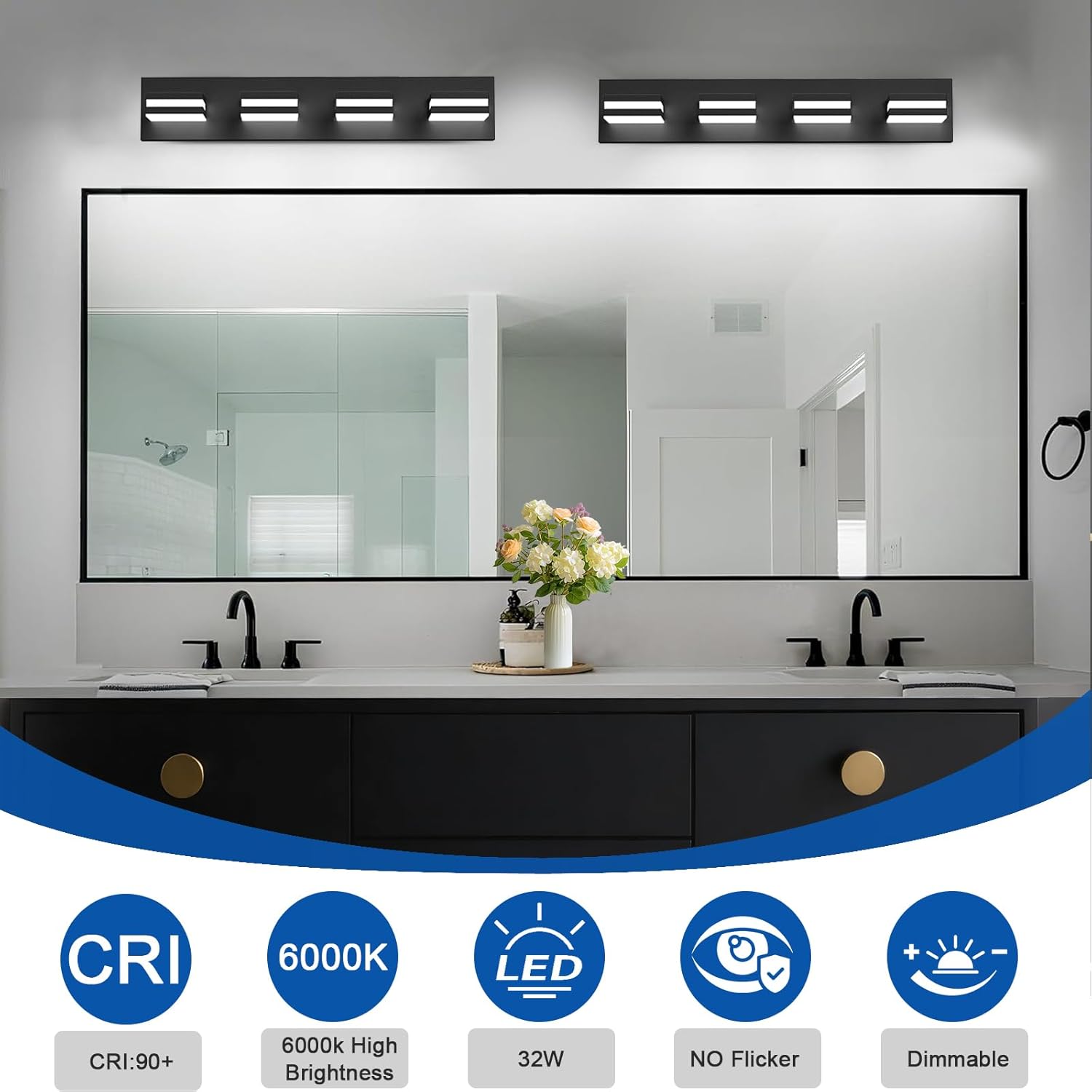 FOCOTOS LED Modern Bathroom Lights Fixtures(4-Light,Dimmable,360°Rotate),Matte Black Acrylic Wall Lighting,Vanity Lights for Bathroom Over Mirror - 6000k 24In （No Assembly Required）