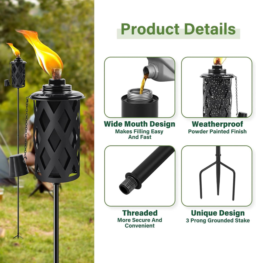 FOCOTOS Citronella Torches for Outside Set of 6, 16 Oz Outdoor Torches with 3-Prong Grounded Stake, 59 Inch Metal Torch for Garden Décor, Outside Torches for Backyard, Garden, Patio (Black
