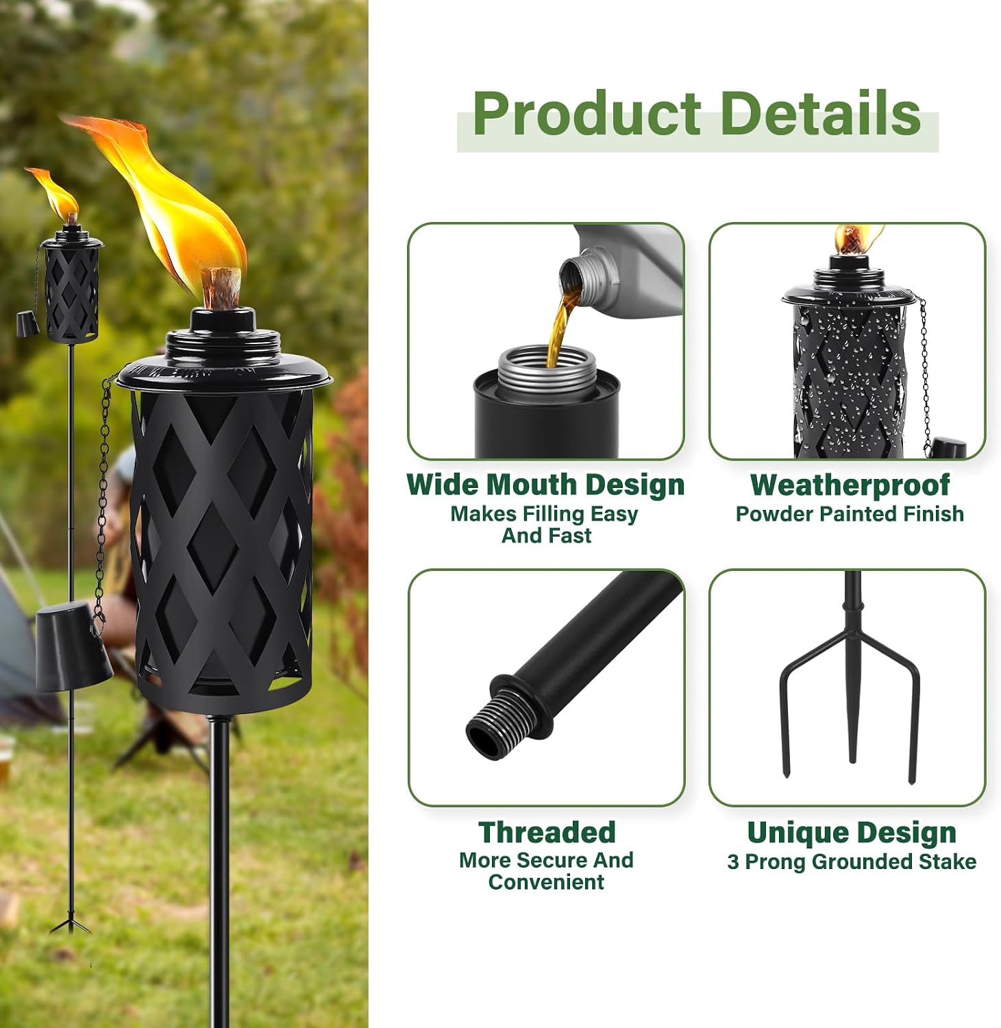 FOCOTOS Citronella Torches for Outside Set of 6, 16 Oz Outdoor Torches with 3-Prong Grounded Stake, 59 Inch Metal Torch for Garden Décor, Outside Torches for Backyard, Garden, Patio (Black
