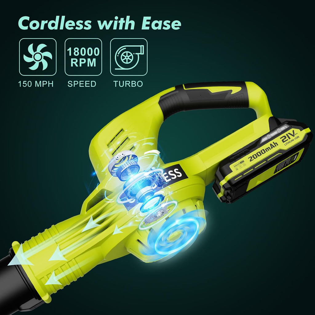 FOCOTOS Leaf Blower Cordless - 21V Powerful Electric Leaf Blower with 2 Batteries and Charger, 2 Speed Modes, 2.0Ah Lightweight Battery Powered Leaf Blowers for Lawn Care, Patio, Dust, Blowing Leaves