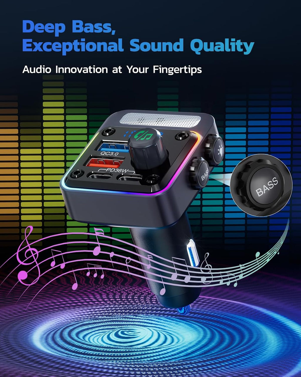 Antyman 54W Bluetooth 5.3 Car Adapter, FM Transmitter 4-Port Fast Charging | Wireless FM Radio Music Player with Deep Bass, 5 Colors LED Backlit, Hands-Free Calling, PD&QC Car Charger Support USB Drive