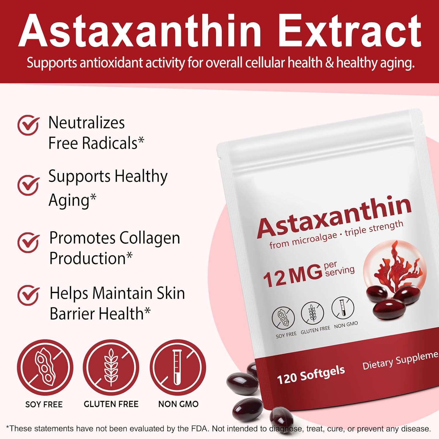 FOCOTOS Premium Astaxanthin 12mg, Natural Antioxidant Supplement for Eye, Joint, Skin Health,Microalgae Source, 4 Month Supply | Supports Internal Circulation, 120 Softgels