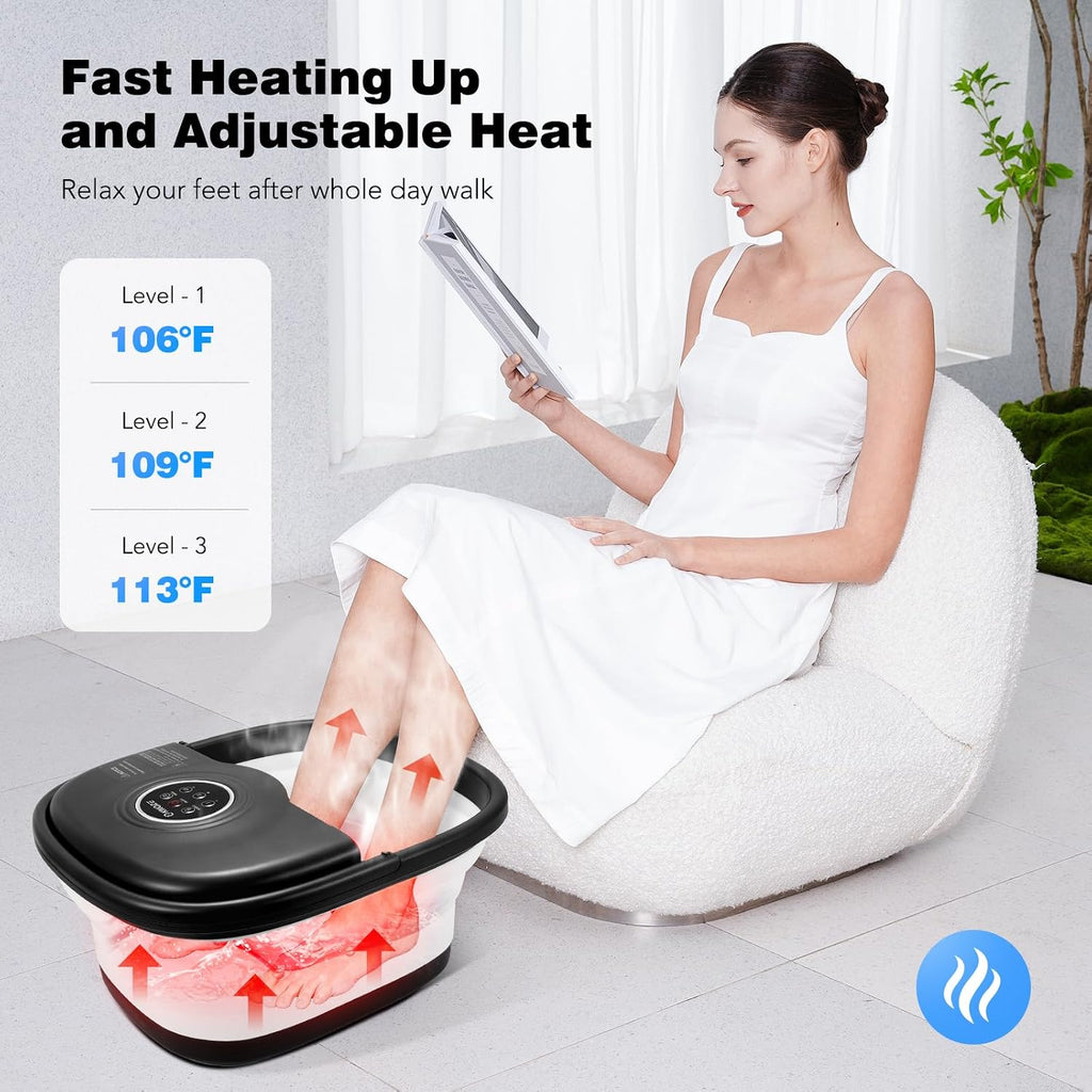 Antyman Collapsible Foot Spa Bath with Heat & Bubble, Foot Soaking Tub with Timer and Red Light., 16 Rollers & Pumice Stone, Enjoy Warm Water Foot Bath, Gift for Wife and Mom, Black