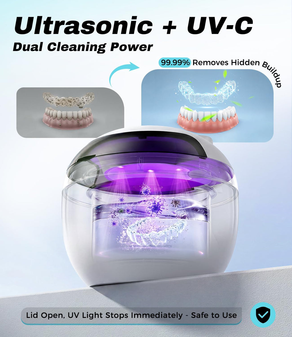 FOCOTOS Ultrasonic Retainer Cleaner Machine, 45kHz Deep Gentle Dental Cleaning Pod with 304 Stainless Steel Tank, 4 Cleaning Modes for Aligners, Dentures, Mouth Guards, Night Guards, Toothbrush Heads
