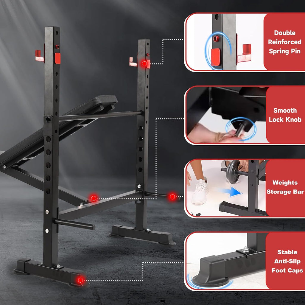 FOCOTOS 1500LBS / 750LBS 8 in 1 Weight Bench with Leg Extension and Squat Rack, Adjustable Flat Incline Decline Bench Press for Full Body Workout（US Stock）