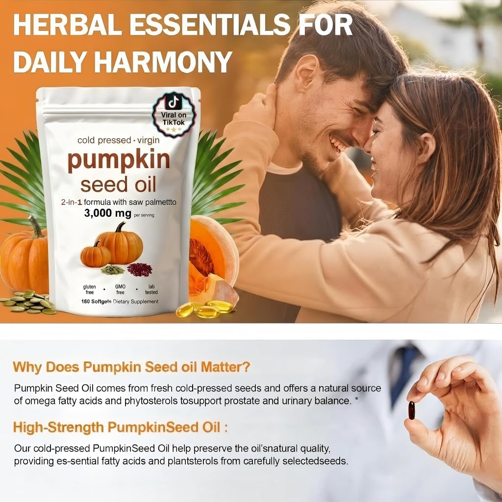 FOCOTOS Pumpkin Seed Oil Capsules, Pumpkin Seed Oil with Saw Palmetto- 3000mg -Cold Pressed - for Hair Growth- Non-GMO - 180 Softgels