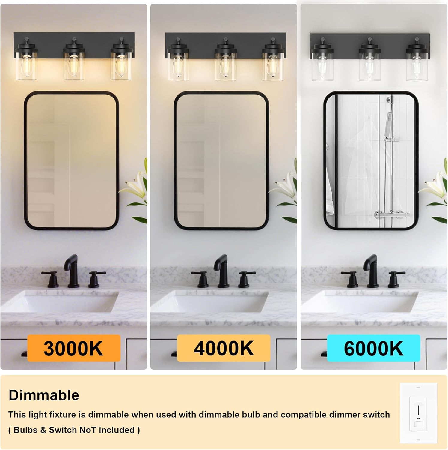 FOCOTOS Bathroom Vanity Light Fixture, 3-Light 22 Inch Matte Black Bathroom Light Fixtures Over Mirror, with Clear Glass Shade, Modern Farmhouse Vanity Lights, Rustic Restroom Lighting Fixtures